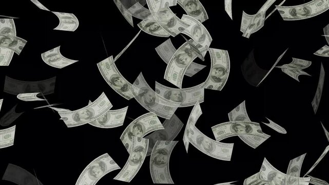 4k Realistic 3D US dollar banknotes falling down on a solid background for video overlay