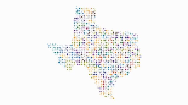 Texas animated shape. Pulsating colored dots on the map of the state. Small size circle blocks. Digital style Texas map on white background. Trending animation video.