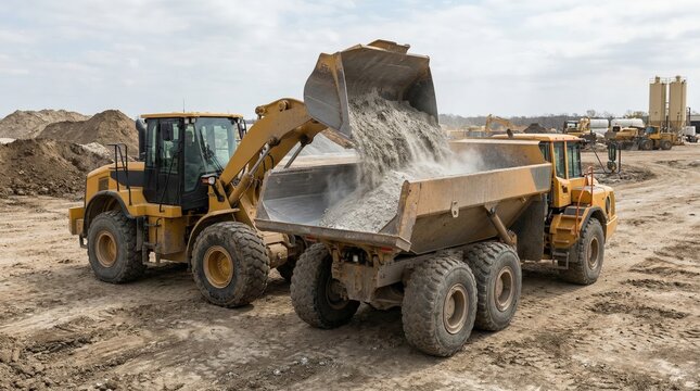Truck positioned for loading limebased soil stabilizer mixture into dump bed showcasing industrial soil improvement process.