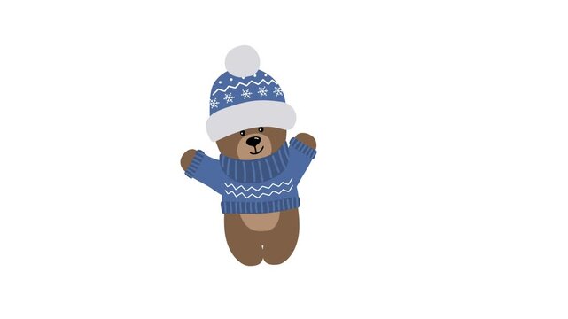 Christmas Animation. Happy Teddy Bear is Dancing. Christmas Character Enjoy Winter Holidays. Funny Baby Bear in Blue Hat, Sweater. Cute Toy. Loop Video in Blue, White, Brown on White