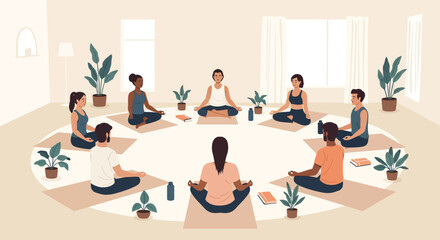 Diverse People Sitting in a Circle Practicing Meditation and Mindfulness in a Minimalist Yoga Studio Illustration
