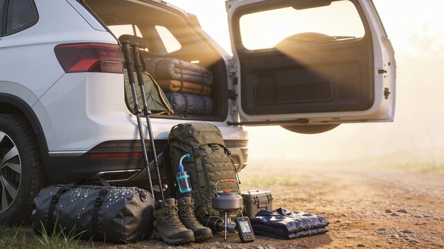 Outdoor camping and hiking gear packed in a white SUV at sunrise