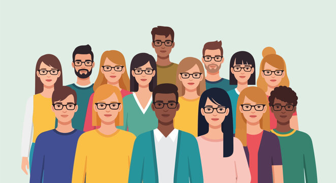Diverse Group of Professional People Wearing Glasses Flat Vector Illustration. Inclusion, Teamwork, and Optical Vision Concept.