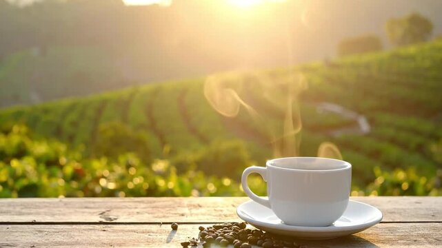 Steaming white coffee cup with coffee beans on a wooden table overlooking a green plantation at sunrise