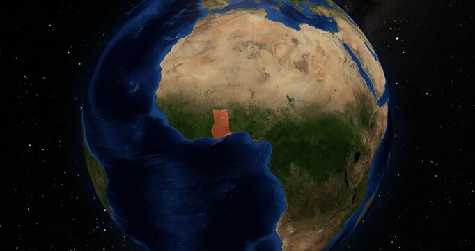 Ghana on the Globe. Zoom into the country with the Earth spinning in space. High detail physical world map with Ghana on it. Country view animation. Elements of this image furnished by NASA.