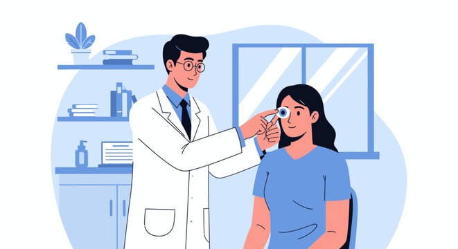 Ophthalmologist Examining Patient's Vision in Medical Clinic, Professional Eye Checkup Vector Illustration