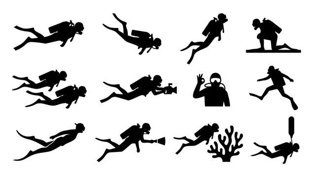 Scuba Diver Silhouettes Set, Underwater Diving Poses, Diver Action Icons Collection