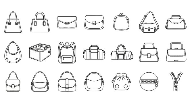 A collection of various handbag and purse outline icons representing different styles and designs for fashion and accessory representation