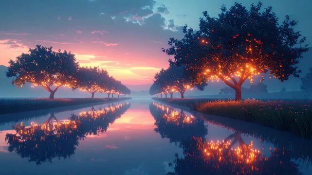 Luminous trees reflect in calm water at dusk, bathed in colorful sky