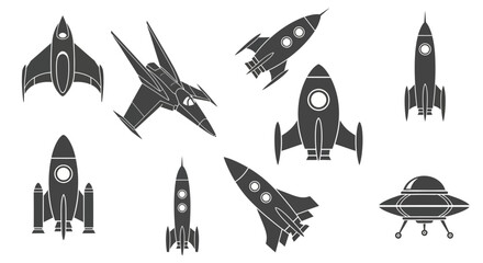 Collection of retro and futuristic spaceships, rockets, and a flying saucer designed for interstellar travel and exploration in a minimalist silhouette style © PixelSingleStudio