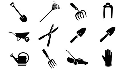 Comprehensive Collection of Gardening Tools Silhouettes for Yard Work and Horticultural Activities - Essential Equipment for Home Gardeners © PixelSingleStudio