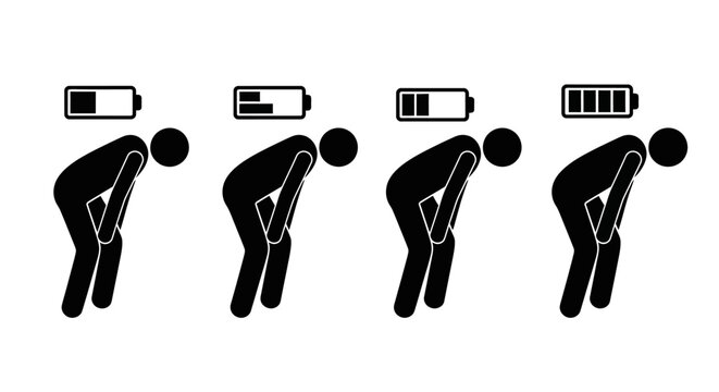 Illustration of a person bending over with a battery icon indicating their energy levels decreasing from full to nearly empty