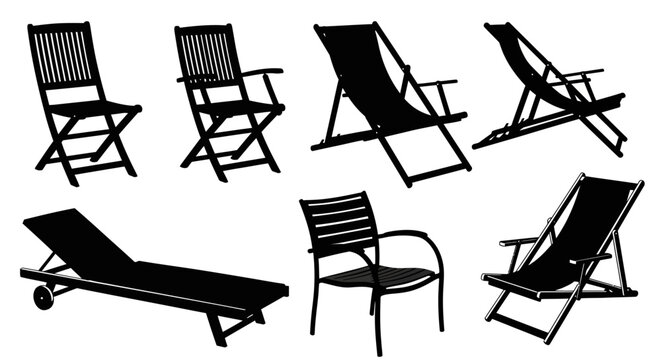 Diverse collection of outdoor chairs presented as sleek black silhouettes, including foldable, lounge, and deck designs for patio and garden concepts