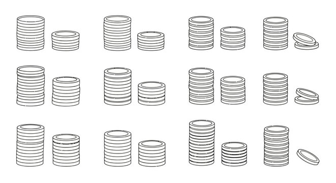 Diverse collection of monochrome line art coin stacks, symbolizing financial growth, investment concepts, and the accumulation of wealth in an economic context