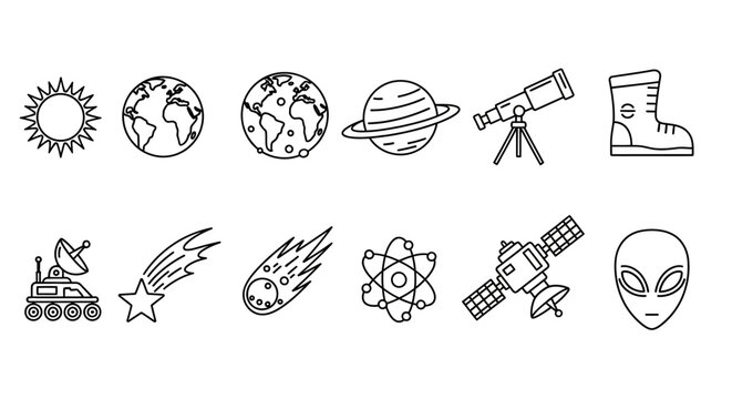 Unlocking Celestial Mysteries A Diverse Collection of Vector Line Art Icons for Space Exploration, Astronomy, and Scientific Discovery Themes