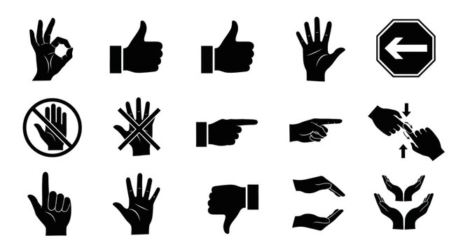 Set of various hand gesture icons representing communication, approval, direction, and negation in a clean, minimalist design