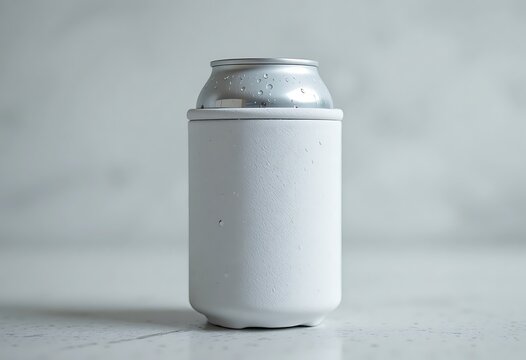 Aluminum beverage can with condensation in a white insulated sleeve on a neutral grey background. koozie