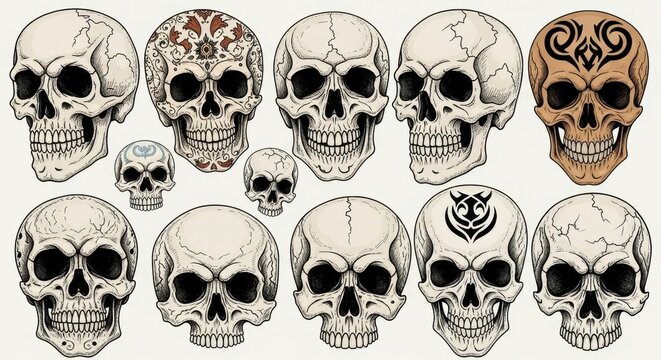 Collection of Human Skulls with Intricate Designs and Tribal Patterns.
