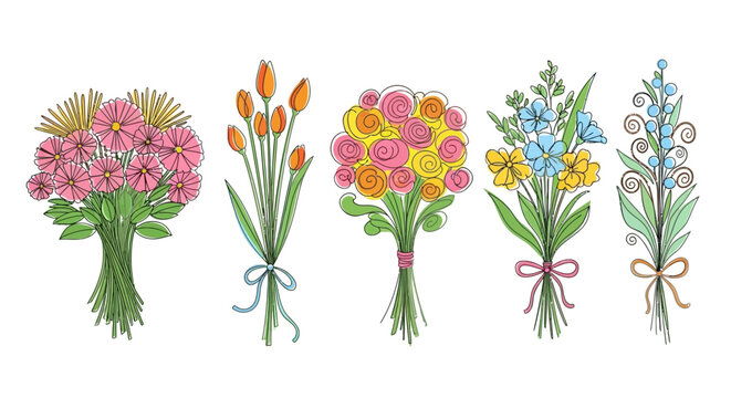 Collection of five beautiful hand-drawn floral bouquets with colorful petals and green leaves, tied with ribbon