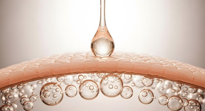 Closeup of a cosmetic serum drop falling onto human skin surface with microscopic bubbles underneath for skincare concept