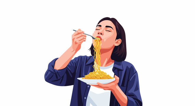 A young woman enjoying a delicious plate of instant noodles, a quick and easy meal, perfect for a savory snack or light dinner of mie
