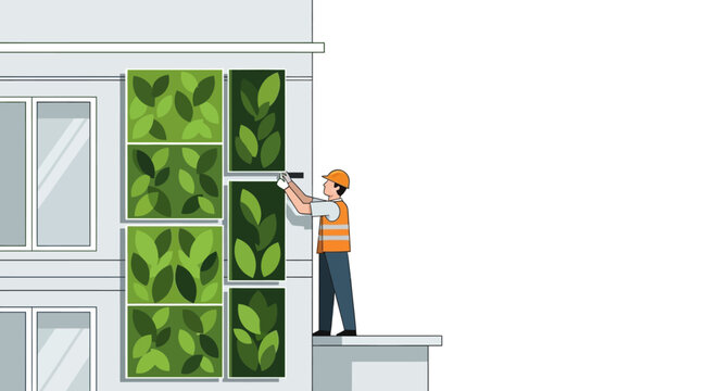 Sustainable Architecture Illustration: Worker Installing Vertical Garden Green Wall on Building Facade