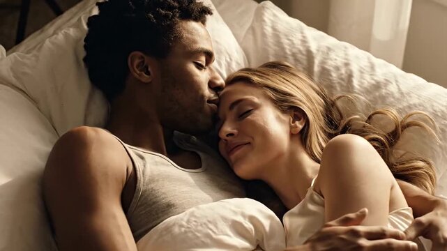 A loving young couple embracing and cuddling intimately in a cozy bed at home.