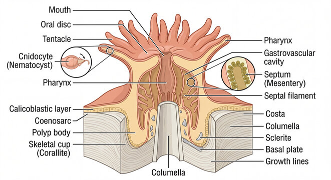 New Detailed Scientific Anatomy Diagrams: Coral Polyp Structure Illustrations, Pure White Background