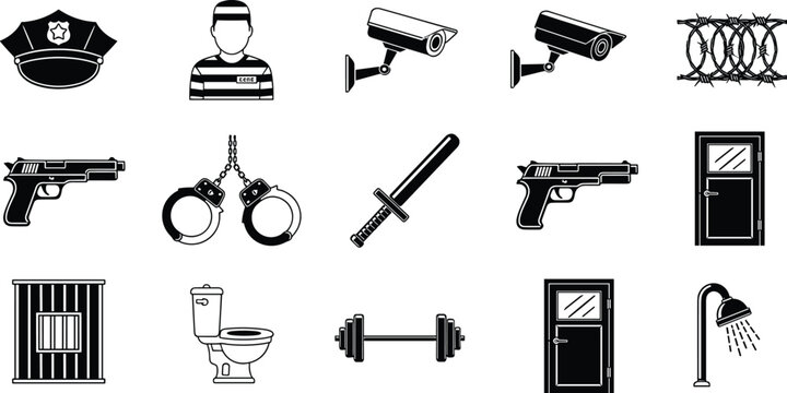 Law enforcement prison icon silhouette illustration, surveillance camera artwork, handcuff symbol design, jail cell graphic, baton emblem, security