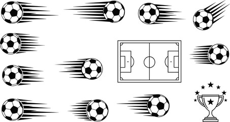 Soccer field outline illustration, football trophy victory graphic, dynamic soccer ball motion design, sports competition artwork, athletic energy concept, stars decoration © MdMonowar