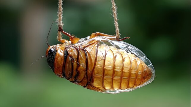 Close-up macro of a cicada insect emerging from its translucent pupal case, suspended by twine