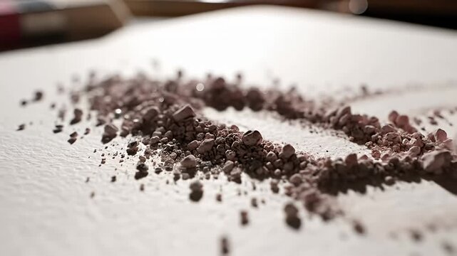 Red eraser removing graphite marks and dust from textured paper