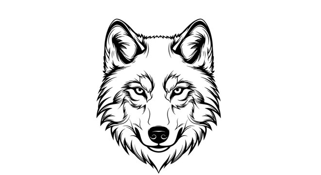 Detailed black and white wolf head line art illustration