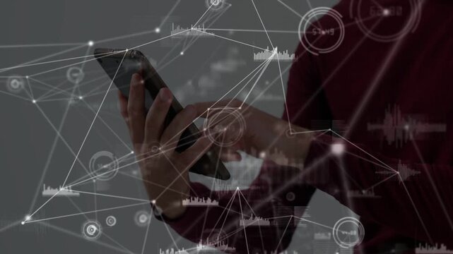 Man holding tablet while right index tapping or swiping, animating tech network charts for analytics