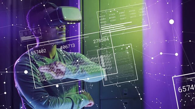 Man with VR headset uncrossing arms reaching in tech lab testing hologram panels updating data UI