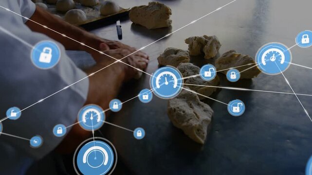 Baker folding and rolling dough on bakery table, HUD appearing and spreading blue icons over hands