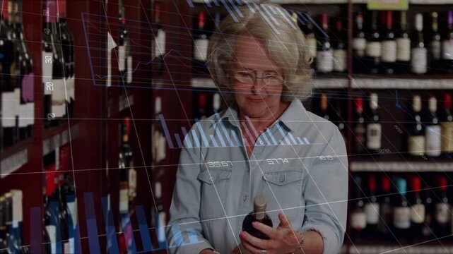 Senior woman reaching for wine bottle, rotating, reading label while animated grids guiding choice
