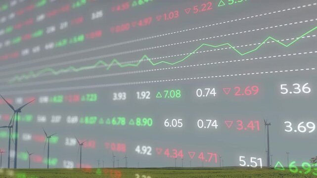 Market overlay growing as feed arriving scrolling ticks showing green trend rising over turbines