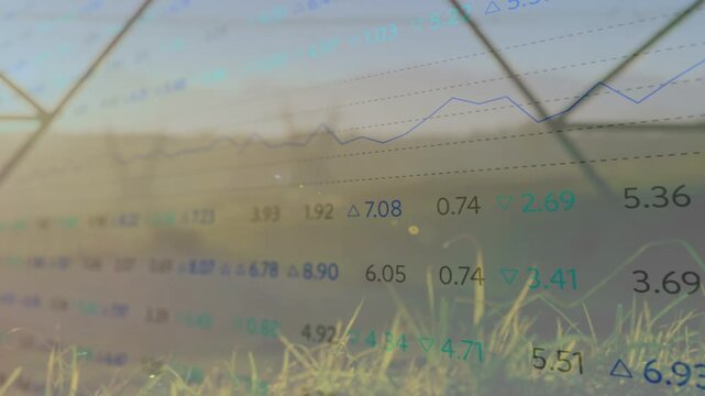 Revealing metal power pylon rising over grass, displaying numeric overlay and warm bokeh highlights