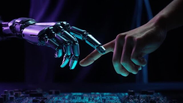 ロボットと人間の指先が触れ合うマクロ映像・神秘的なネオンライト