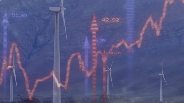 Wind turbines standing in valley, line chart fading from left and arrows rising, visualizing energy