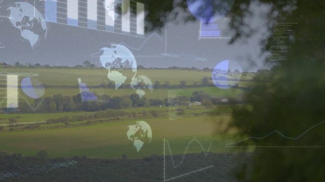 Countryside showing rolling fields and hedges from elevated view, overlaying charts and globes