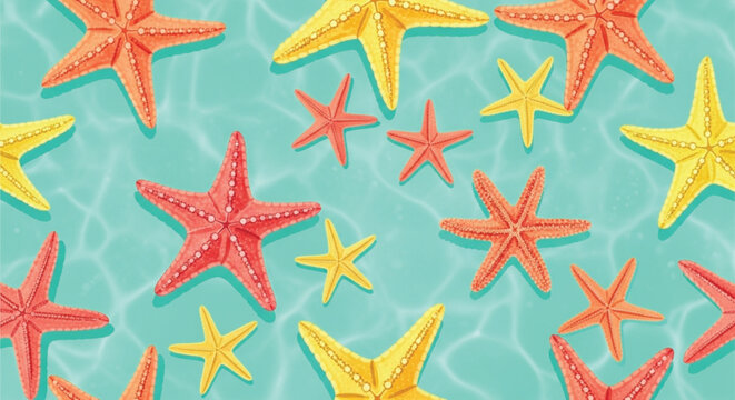 Colorful Starfish Seamless Pattern on Turquoise Ocean Background