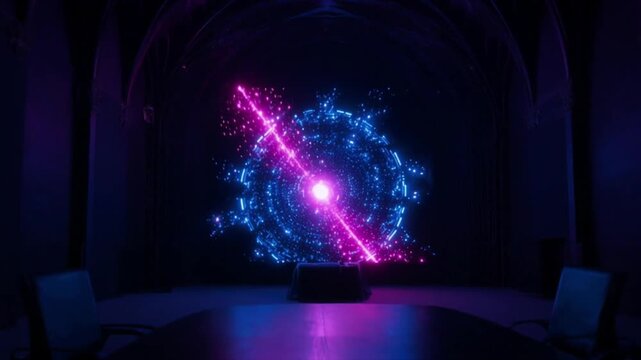 一人称視点 暗闇のボードルーム ホログラム起動 ドラマチック 深夜オフィス