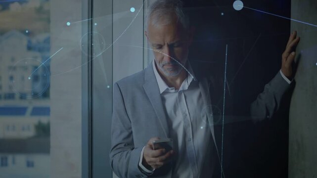 Phone alert pinging mature male leaning on wall holding phone and replying as overlays sweeping