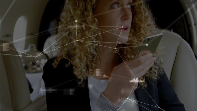 Woman issuing voice command to request network access, activating HUD overlay while scanning cabin