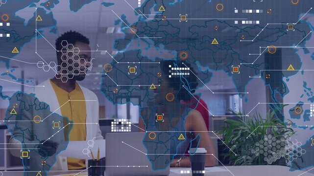 Standing man pointing papers at woman using laptop, causing tech HUD map and links rising