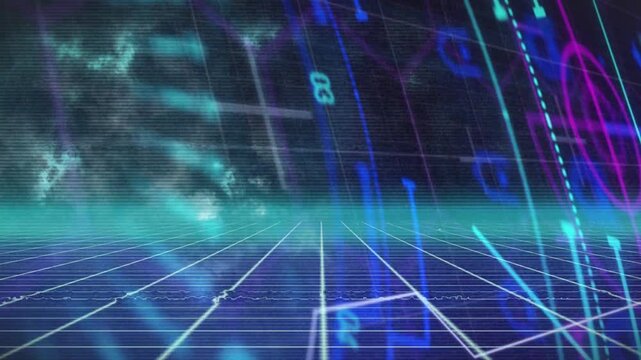 Cyan beam appearing, retro grid HUD overlays rotating, pulsing, fading while simulating scan