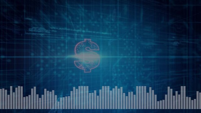 Audio pulse initiating flare and pulsing equalizer bars, neon pink dollar-sign forming for finance
