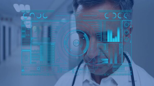 Doctor studying HUD in corridor, staff passing nudging gaze, charts updating for monitoring